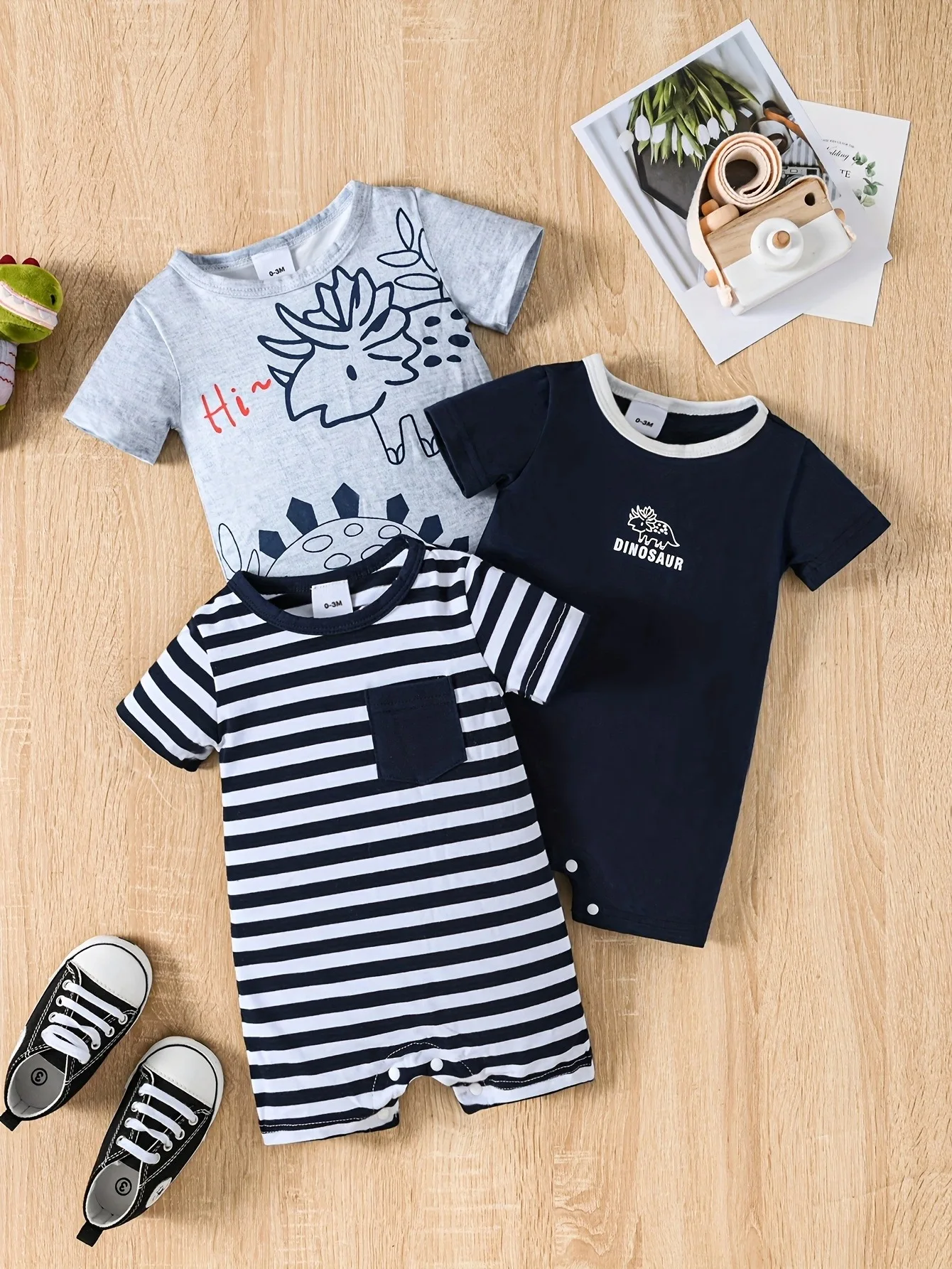 0-1 year old newborn baby boy summer cartoon striped printed short sleeved jumpsuit three piece set