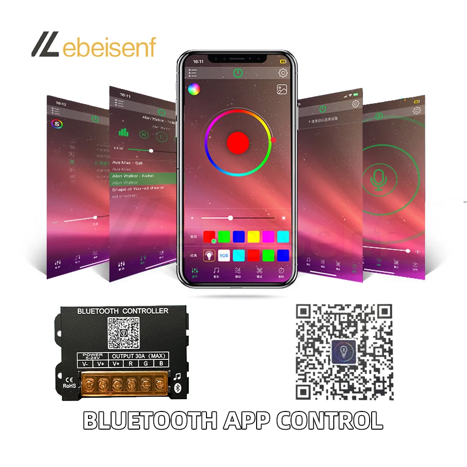 Smart Bluetooth RGB Dimmer Controller DC 5V 12V 24V 30A and 29-Key Wireless RF Remote for 5050 2835 COB Colorful LED Strip Light