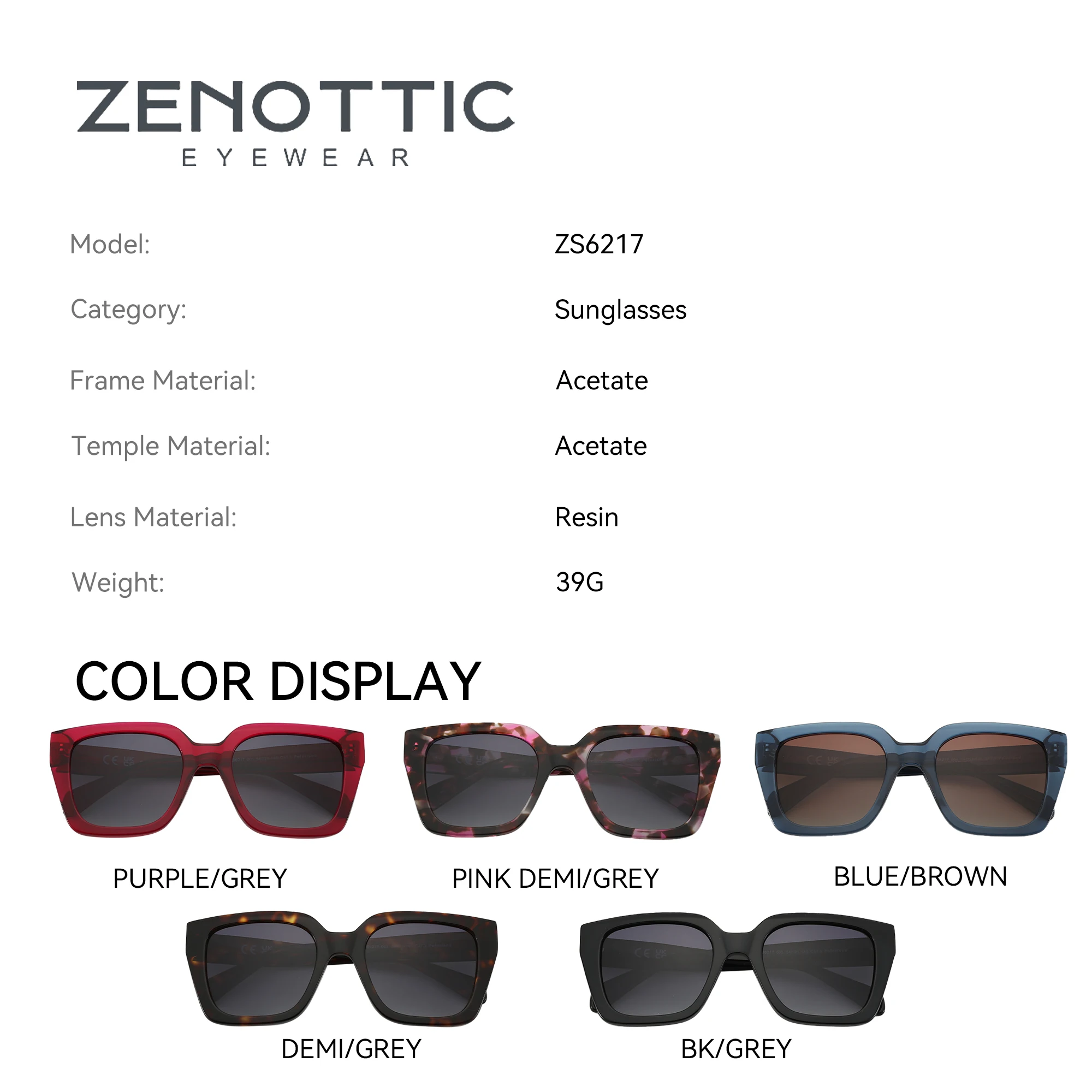 ZENOTTIC 2024 Trend Square Polarized Sunglasses Women Uv400 Protection Shade Ultra Light Acetate Fashion Sun Glasses ZS6217