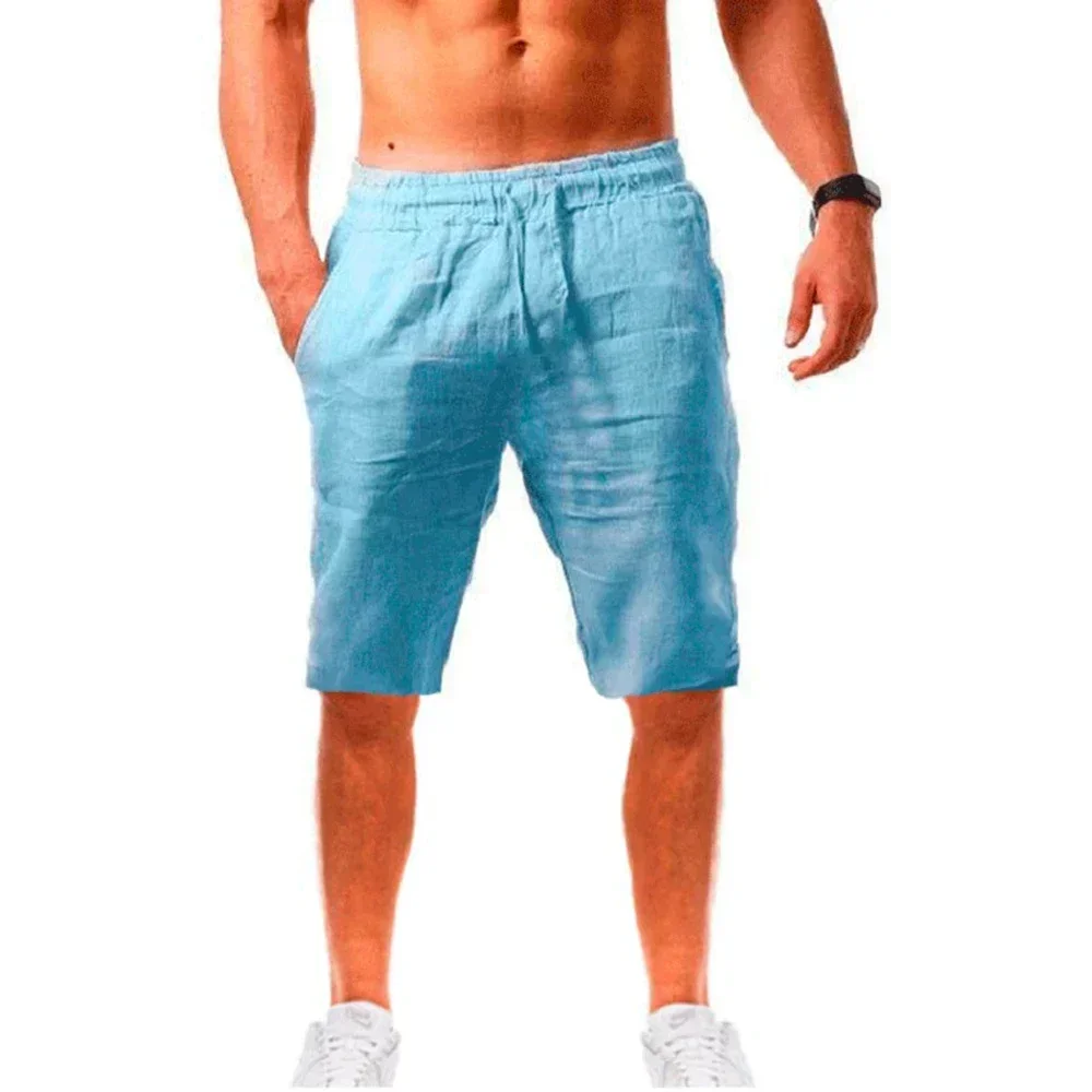 Men\'s Cotton Linen Shorts Summer Solid Color Breathable Linen Shorts Fashion Male Casual Elastic Waist Loose Casual Short Pants