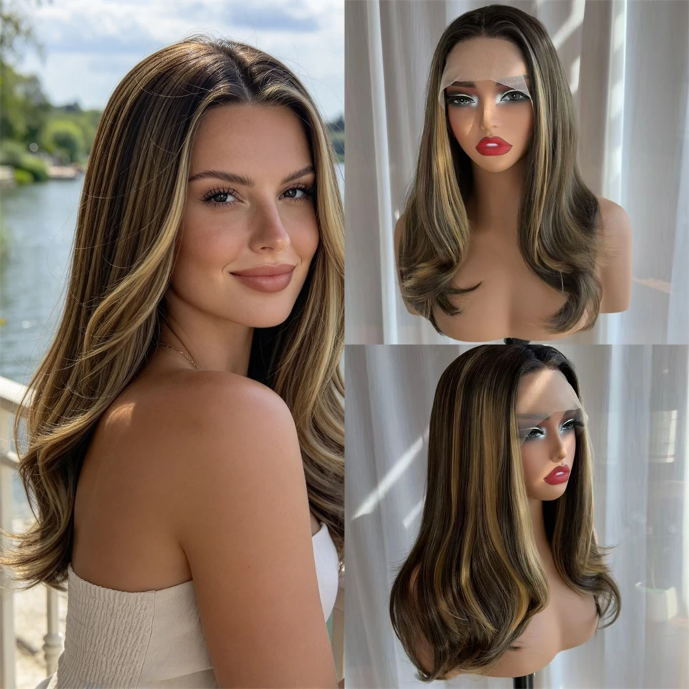 13x4 Middle Part Ombre Brown Blonde Synthetic HD Lace Front Wig Mixed Human Hair Glueless Preplucked Hairline Soft Natural Wave