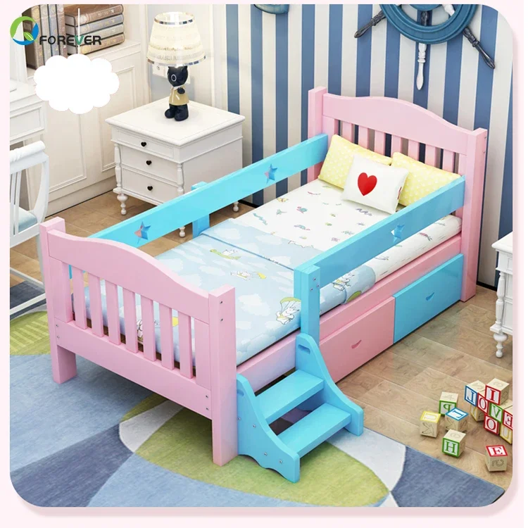 Wood Bed Frame Children Kids Cot Bed Safety Widening Stitching Baby Bed