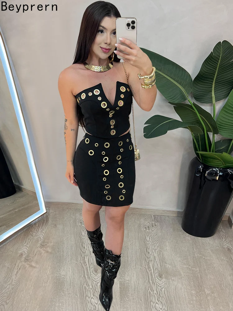 

Beyprern Luxury Birthday Dress Woman Eyelet Two-Piece Dress Glam Hollow Out Crop Top And Skirt Set Night Clubwear Rave Outfits
