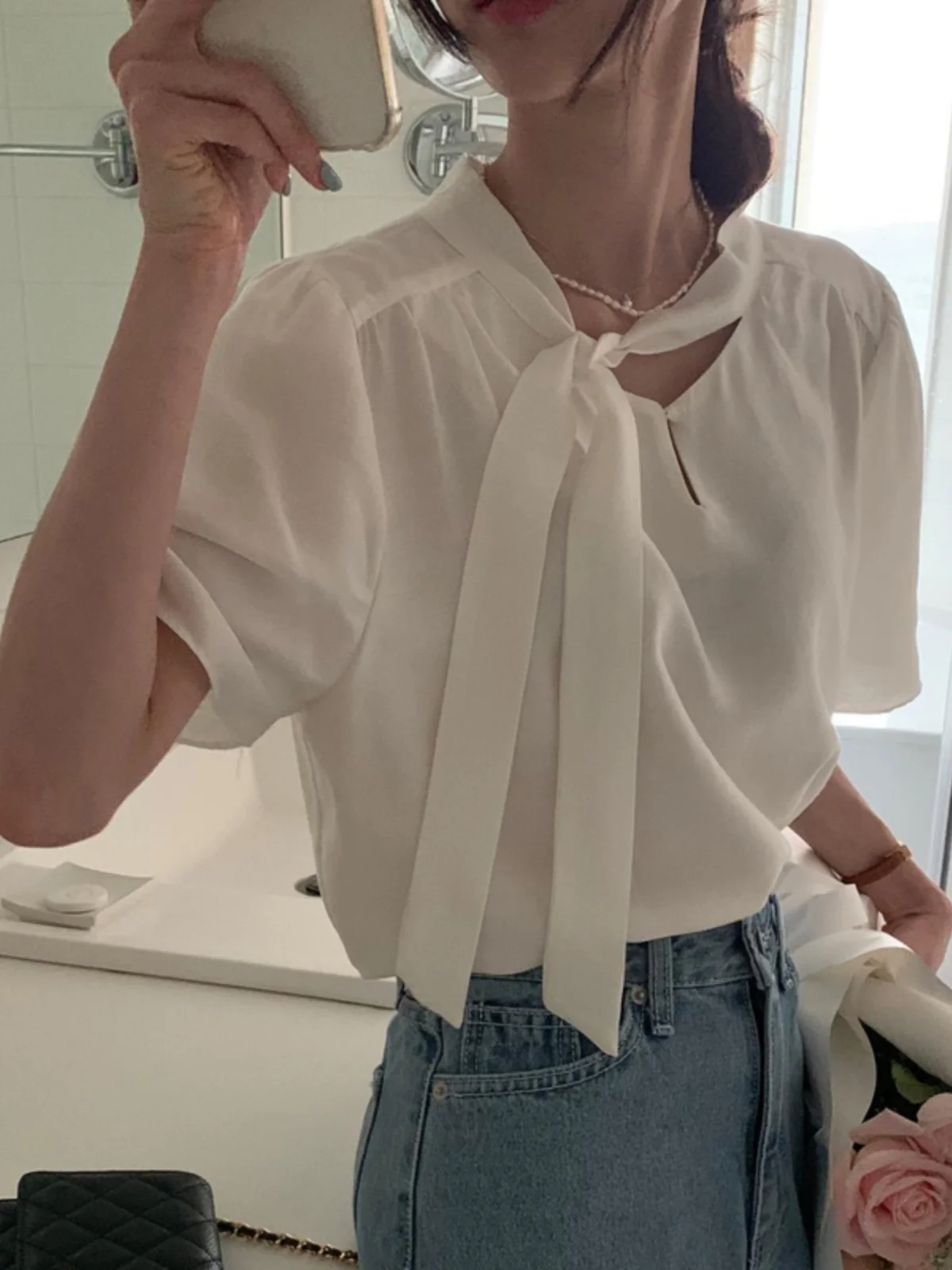 

Шикарный V-Ne ort Sve Женский шифоновый irt Ele Sweet Gentle Tied Design Корейский свободный крой Pure Color Spring Faion