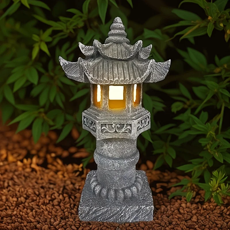 Luz Solar Pagoda IPX4, Luz Japonesa para Caminos, Estatua Solar para Exteriores, Luz de Jardín, Luz Decorativa Zen Pagoda para Patio y Porche, Luz con Control de Intensidad, Estatua para Exteriores
