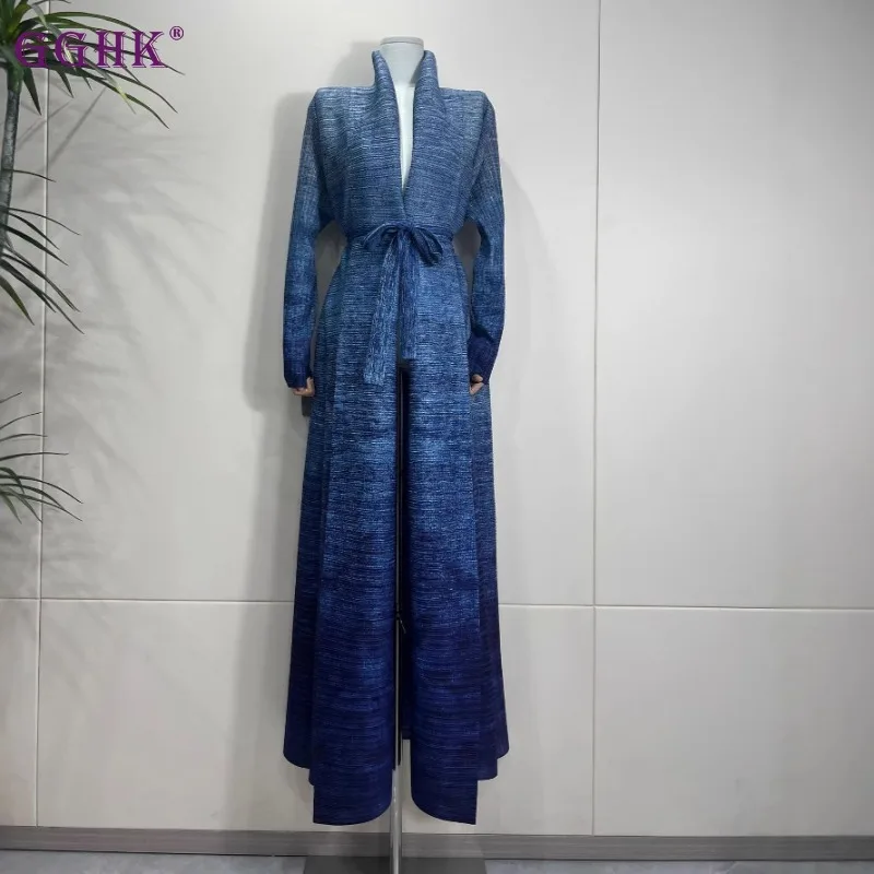 Gghk plissado feminino árabe abaya 2025 primavera outono novo gradiente é lapela manga comprida solto tamanho grande design luxo abaya