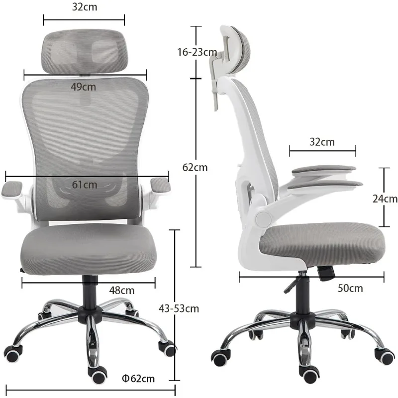 Silla ergonómica de oficina con respaldo alto, reposacabezas ajustable con respaldo de malla, reposabrazos acolchado abatible, silla giratoria de escritorio rodante, color gris