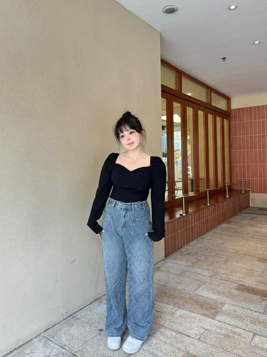 

Heavyweight Floral Embroidery Loose Waist Adjustable Straight Leg Jeans Women's Fashionable Casual Comfortable Denim Pants