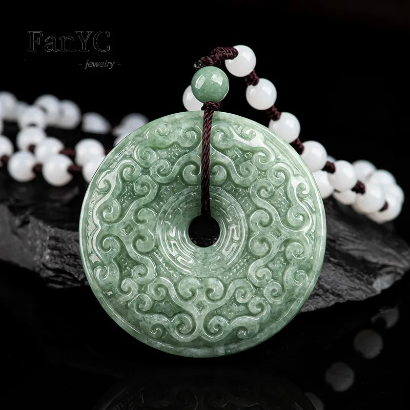 Myanmar Jadeite Bean Green Antique Ruyi Pattern Amulet Pendant Hand-carved Exquisite Luxury Jade Necklace Men Women Holiday Gift