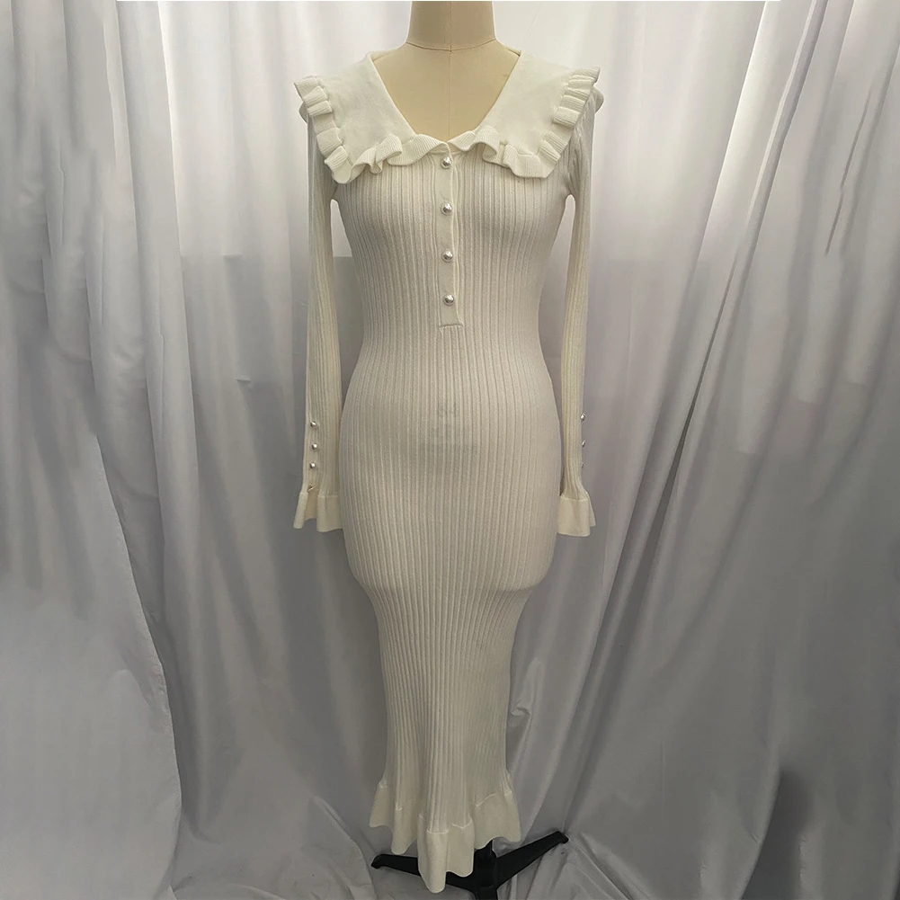 여성 드레스 드레스 고탄력 긴 소매 폴리에스테르 레귤러 러플 맥시 드레스 슬림 롱 드레스 편안한 패션