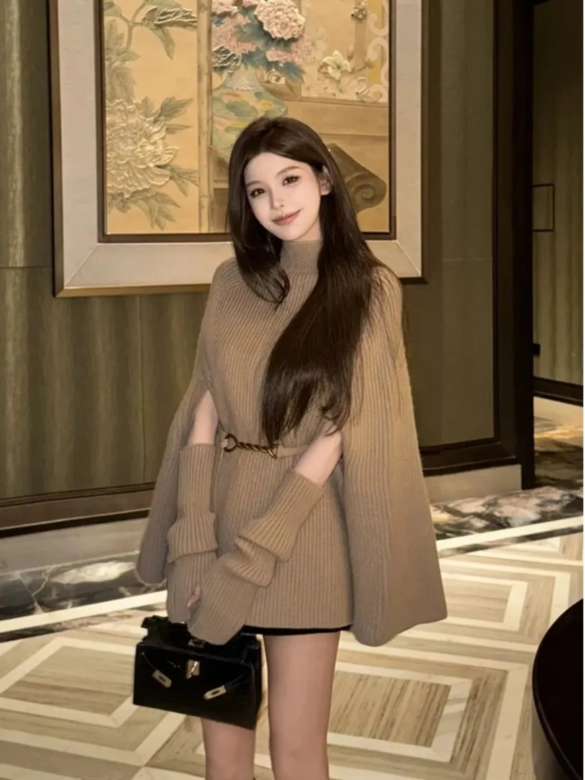 

Autumn Winter Knitwear Korean Lazy Style Women's Top High Collar Shawl Cape Outerwear Casual Elegant Fashionable Polyester Fiber