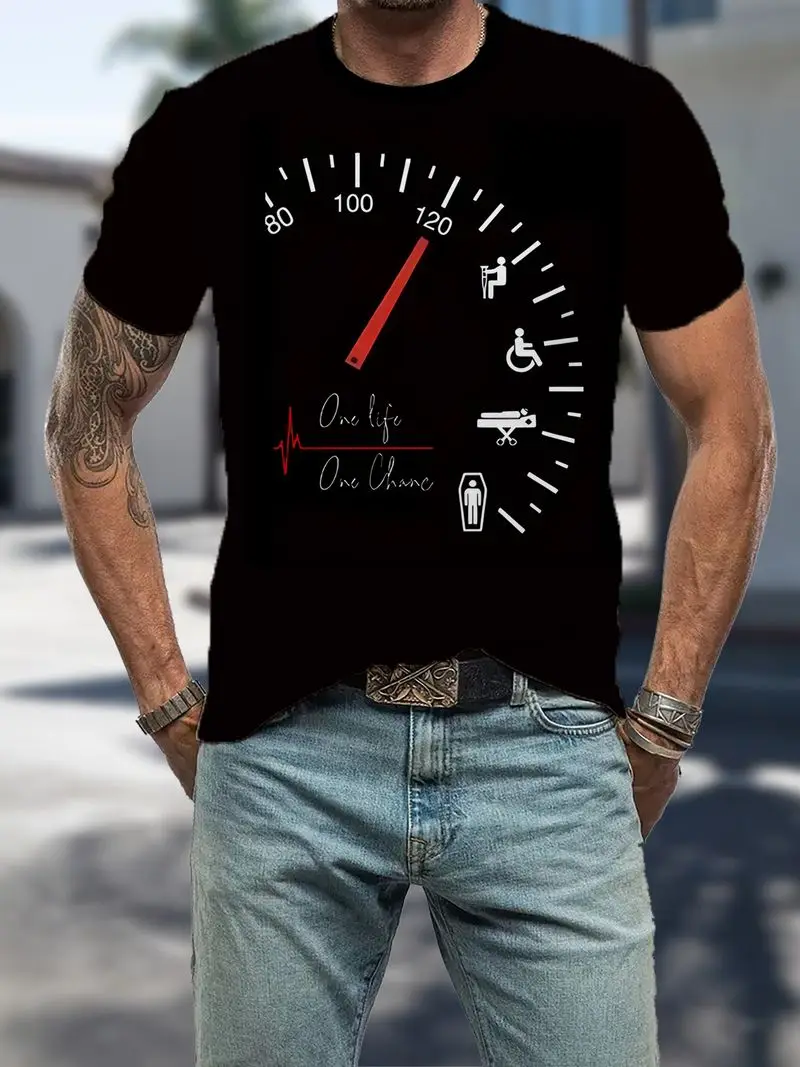 Men's Novelty Car Dashboard Graphic Tee Casual Black Polyester T-Shirt With 3D Speedometer Print Round Neck Short Sleeves Perfec