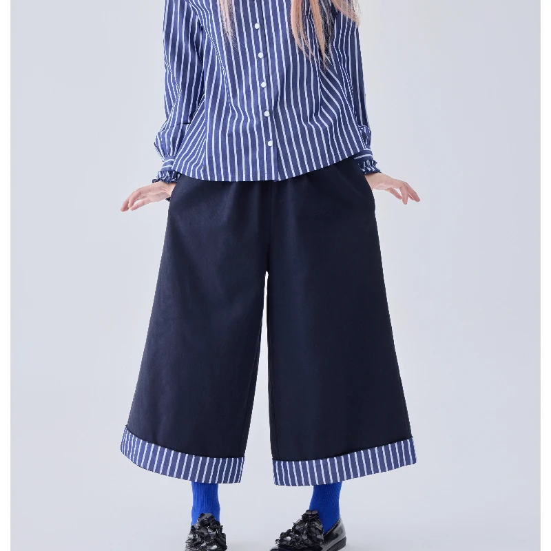 Autumn Winter New Navy Blue Versatile Color-Block Pleated Women's Wide-Leg Pants Retro Design Loose Slimming Trousers Ladies