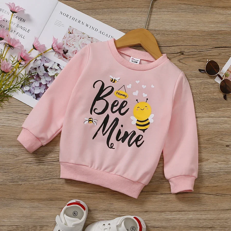 PatPat Toddler Girl Letter Bee Print Casual Pullover Sweatshirt Soft and Comfortable  Perfect for Outings and Daily Wear