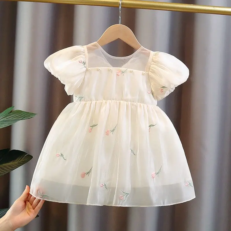 Vestido de princesa de encaje de manga corta con cuello redondo y cremallera para niñas, ropa para niños, bordado Floral, Patchwork, lentejuelas,