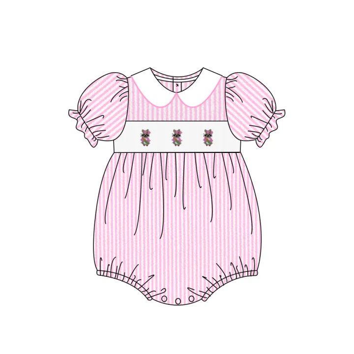 Boutique Hand Smock Summer Sleeveless Baby Girl Jumpsuit Round Neck Three Rabbits Bodysuit Pink Stripe Boy One-Piece Clothes