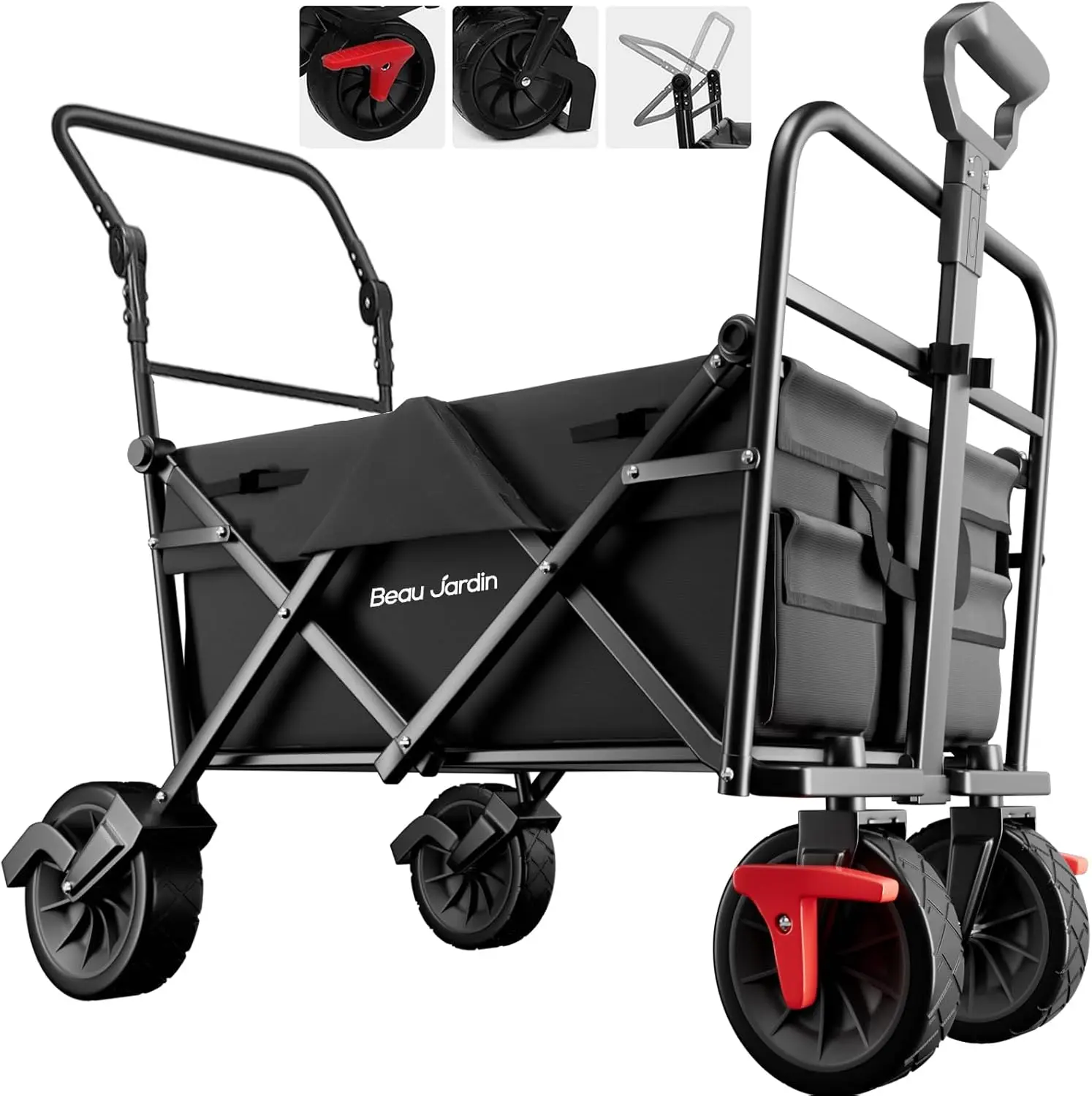 

JARDIN Collapsible Folding Beach Wagon Cart 350lbs Foldable All Terrain Wagon 100L Utility Camping Grocery Portable Outdoor Gard