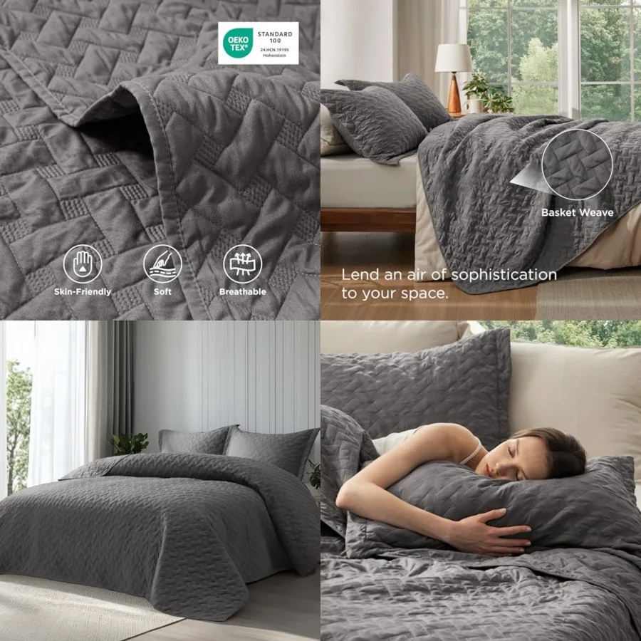 

Quilts Queen Size - Grey Bedspreads Queen Size with Basket Weave Pattern, Soft Quilt Bedding Set, Lightweight Comforter Set Cov