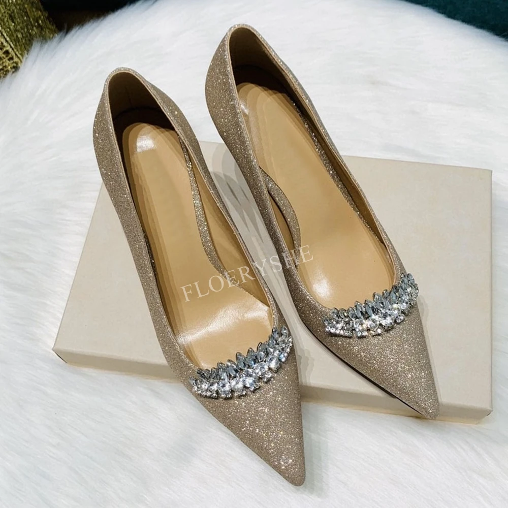 Bombas para banquete de strass para mulheres, sapatos luxuosos de couro, dedo apontado sólido, salto alto fino, festa de casamento, branco, nova chegada, 2024