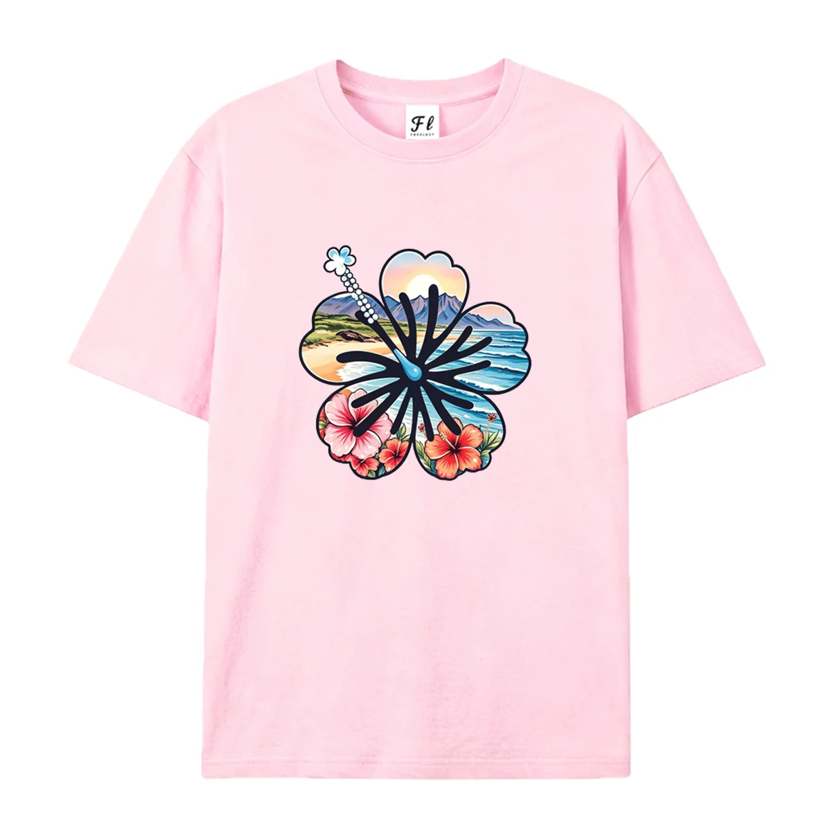 Women Hawaiian Hibiscus Flower Graphic T Shirt Summer O Neck Short Sleeve Ocean Beach Sunset Mountain Scenery Tropical Floral