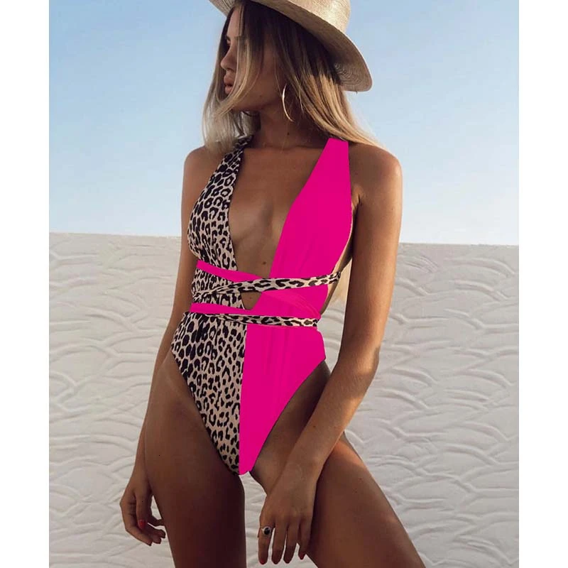 2021 Sexy Slim Fit Black With Leopard One Piece Swimsuit Closed Swimwear Push Up Body Swimming Bathing Suit Women For Pool Beach