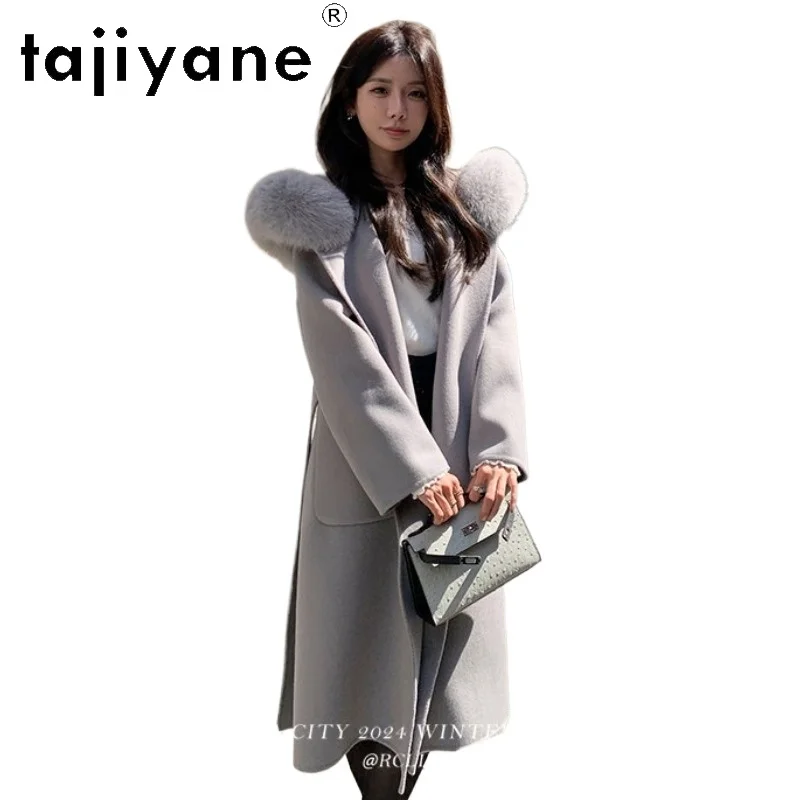 TAJIYANE 100% Wool Coat Women Fox Fur Collar Long Trench Coats for Women Clothing Hooded Winter Coat Slim-fit Пальто Женское New