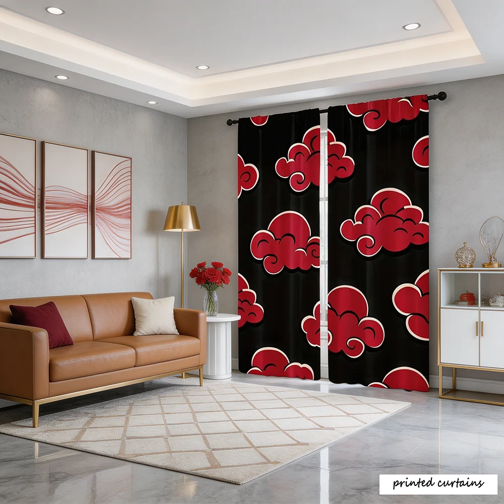 2PCS, Black and Red, Red Cloud Print, Anime Style, Flat Printed Curtain, Rod Pocket Style, 0%-40% Light Blocking, No Lining, doo