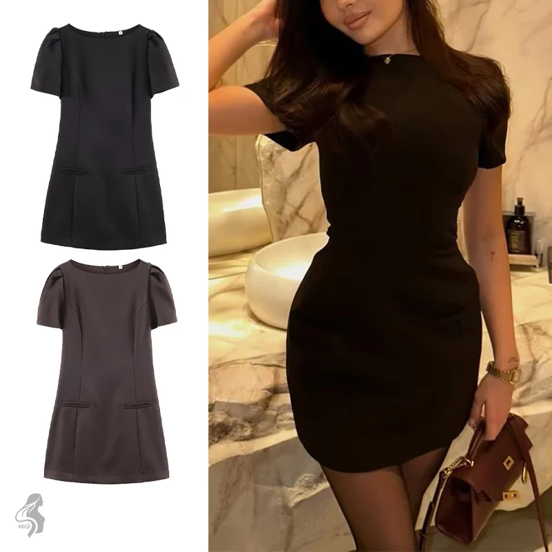 ชุดเดรสสตรีคอกลมแขนสั้นจับจีบเอวมีกระเป๋าตกแต่งชุดเดรสสั้นเหมาะสำหรับใส่ทำงานทุกวันและใส่ในสำนักงาน
