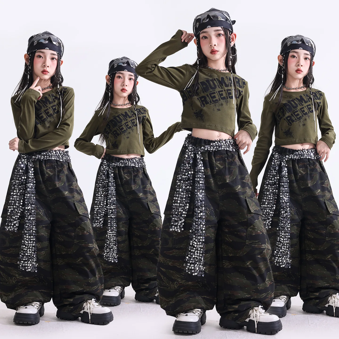 Girls Dark Green Crop Tops Street Dance Camo Cargo Pants Children Costume Kids Hip Hop Streetwear Jazz Girl Group Clothes Set
