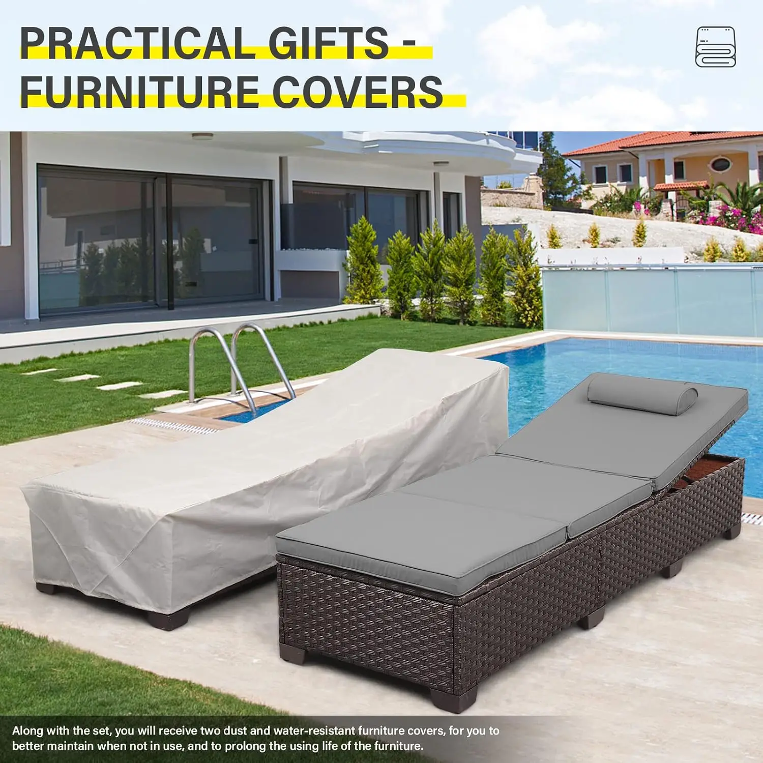 Outdoor Chaise Lounge Set 2-Piece Wicker Recliner with Adjustable Backrest & Grey Cushion for Patio Pool, Customized