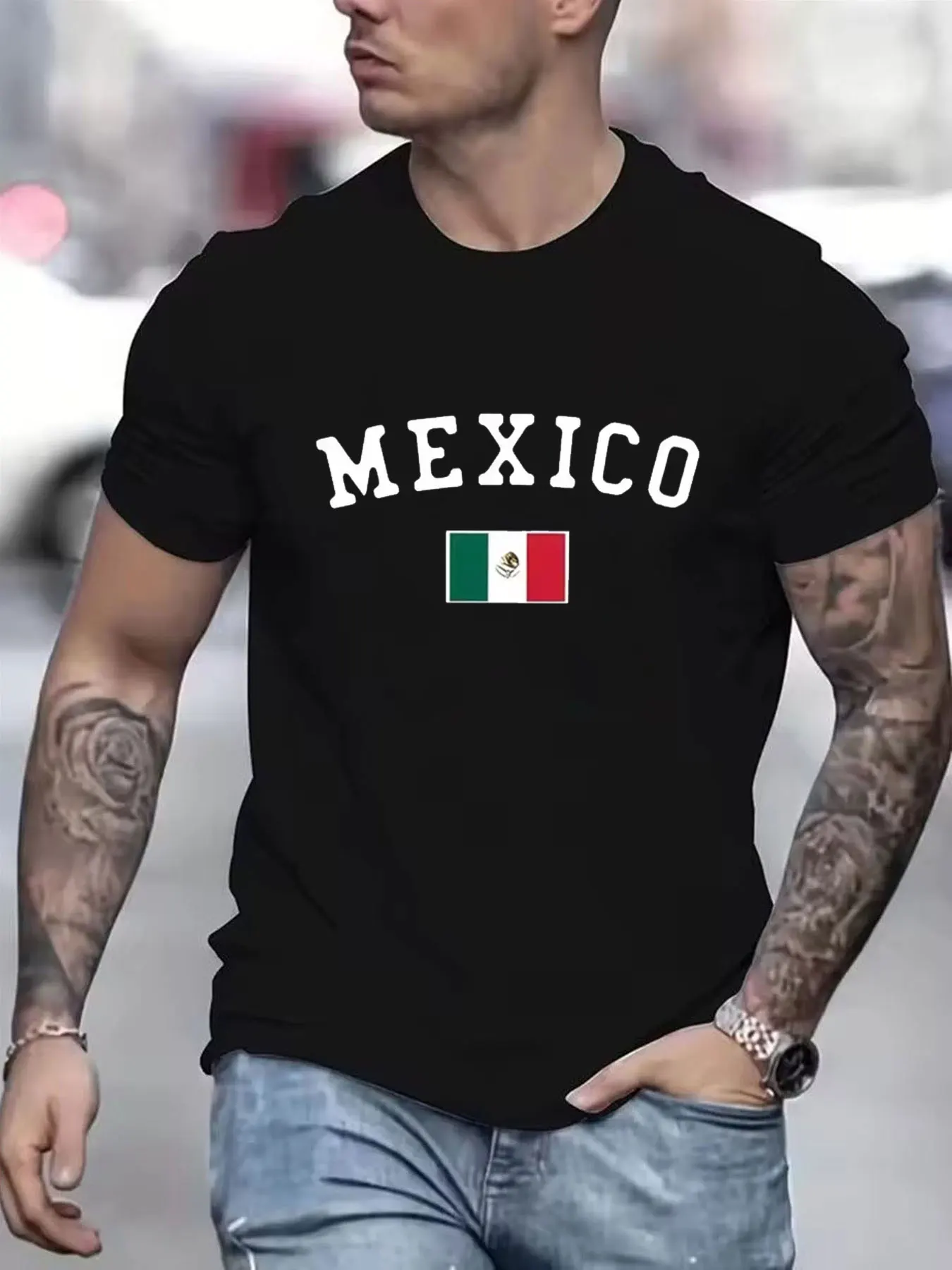 

Men's T-Shirt Mexican Flag Print Casual Crew Neck Short Sleeve Sportshirt Outdoor Pullover Streetwear Top Tee Oversized Clothing
