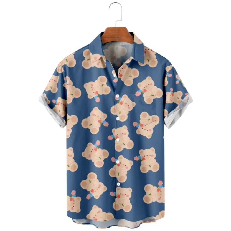 Men's Teddy Bear Print Shirt Casual Short Sleeve Hawaiian Streetwear Vintage Beach Clothing Tops