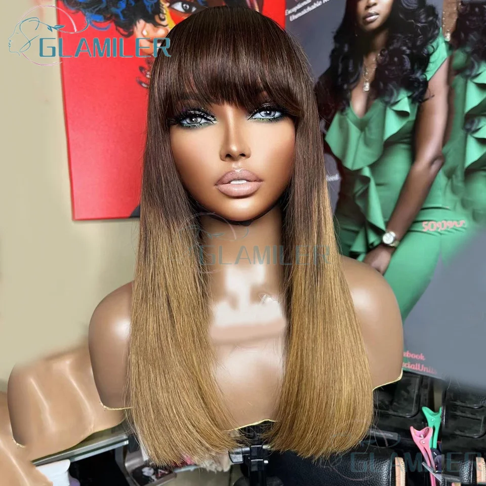 Brown Ombre Honey Blonde #4T27 5x5 Silk Top Wig HD Transparent Body Wave 13x4 Silk Top Human Hair Wigs with Bangs Short Bob Wigs