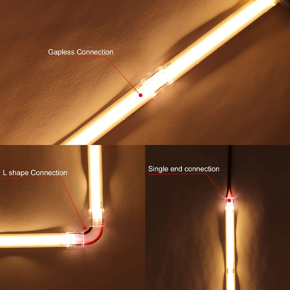 Złącze taśmy LED COB 2pin 3pin 4pin dla 8mm 10mm szerokiej PCB taśmy LED jednokolorowe RGB CCT bez lutowania prawy przewód aniołowy akcesoria