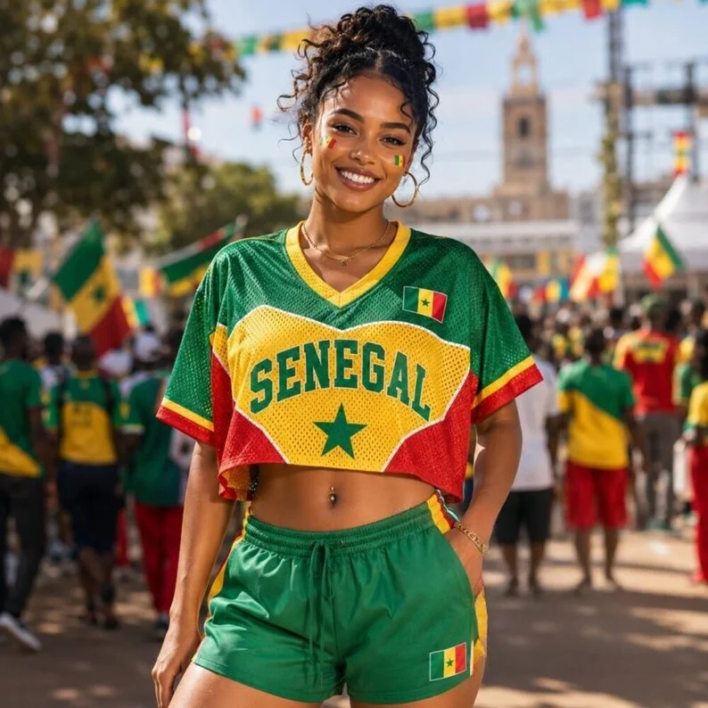 Senegal-Flaggenfarben 3D-Gedrucktes Kurzarm-T-Shirt im Jersey-Stil, Y2K Spicy Girl Style Subkultur Street Style Oberteil – Detail 4