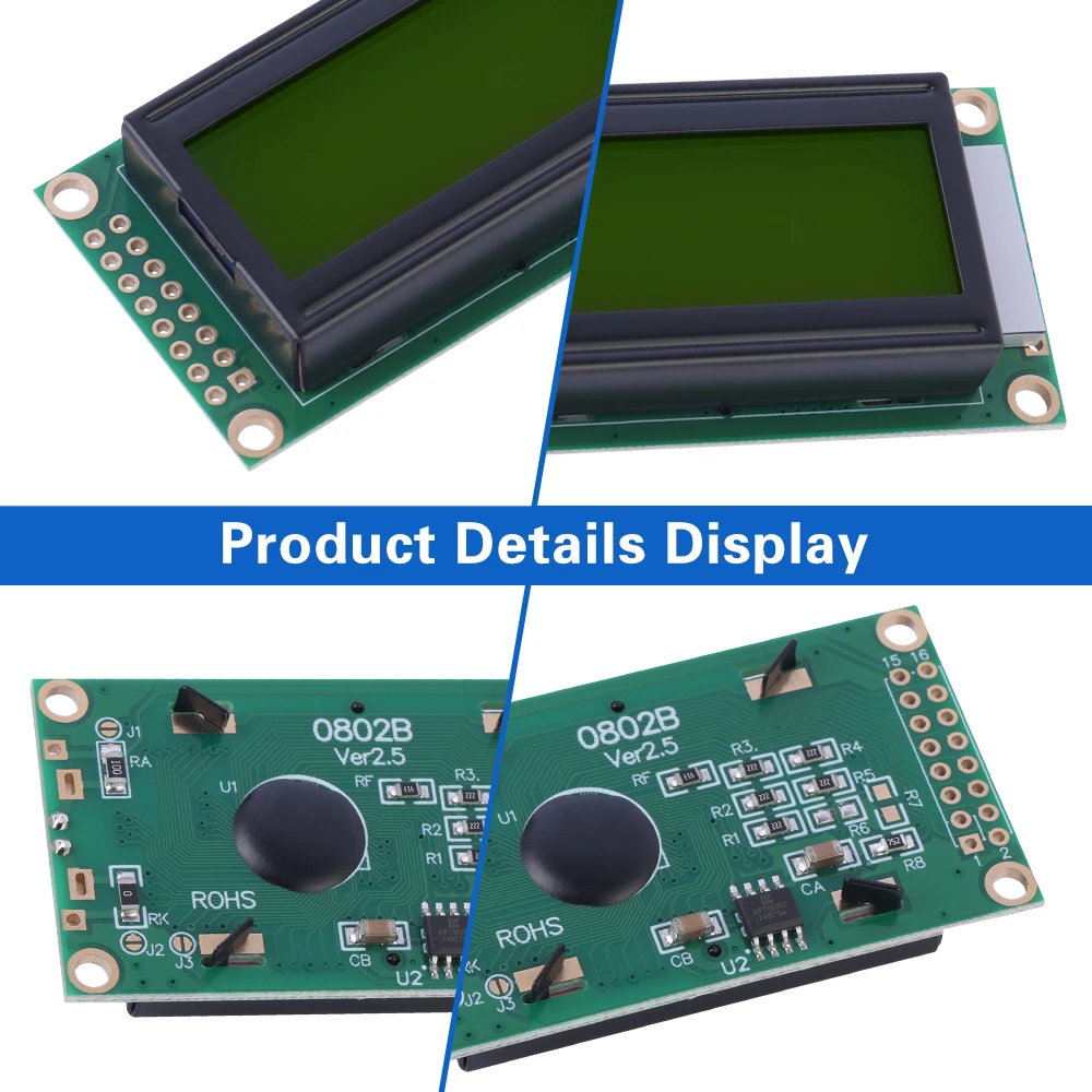 Écran LCD d'origine avec puce ST7066, film jaune et vert, technologie d'affichage LCM, 0802B, 3.3V Rick, 02x8, 8x2, 16 broches, 58x31.87x13.5mm