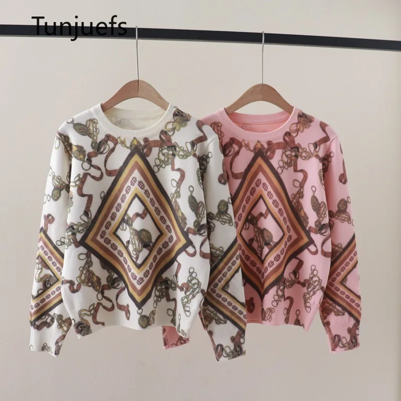 

Korea Cute Chain Sweater Women Luxury Brand Long SleeveJumper Print Sweater Star Sweater Knitted Top Women Clothing Sueter Mujer