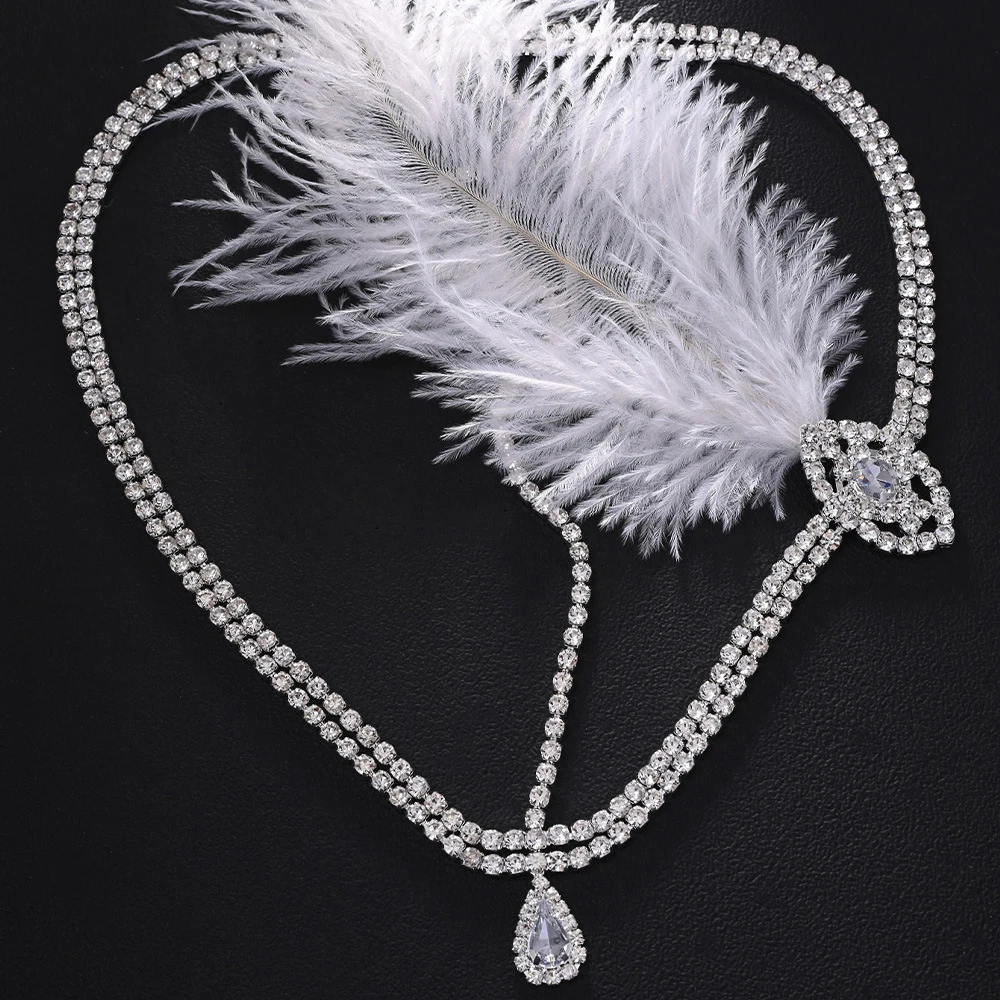 خمر 1920s الأبيض ريشة عقال غاتسبي النساء إكسسوارات الشعر تصميم العرقية حجر الراين رئيس سلسلة الزعنفة حفلة موسيقية مجوهرات هدية #3