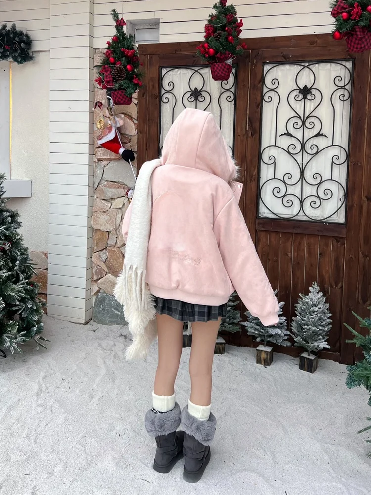 

Белая женская зимняя теплая куртка-пальто из замши с капюшоном и меховым воротником, модная повседневная модель