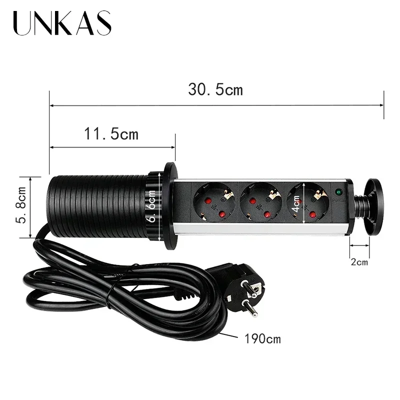 16A PULL POP UP 3 Power EU Socket New Black Color Port Kitchen Table Desktop Sockets Retractable Countertops French Plug