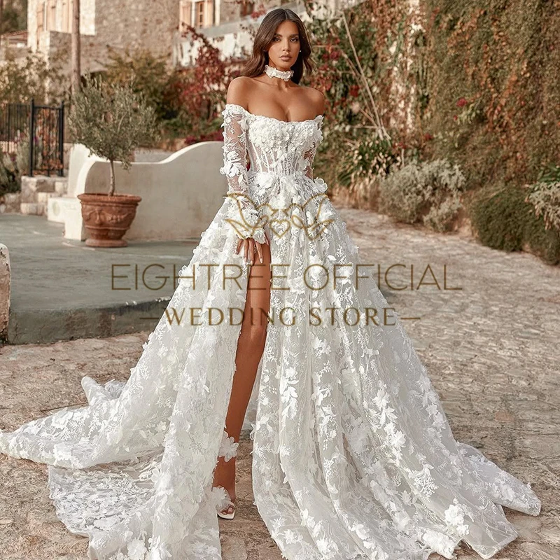 Eightree Elegant A-Line Wedding Dresses 3D Flower Long Sleeve Split Bridal Dress Princess Wedding Ball Prom Gowns Customized image 3