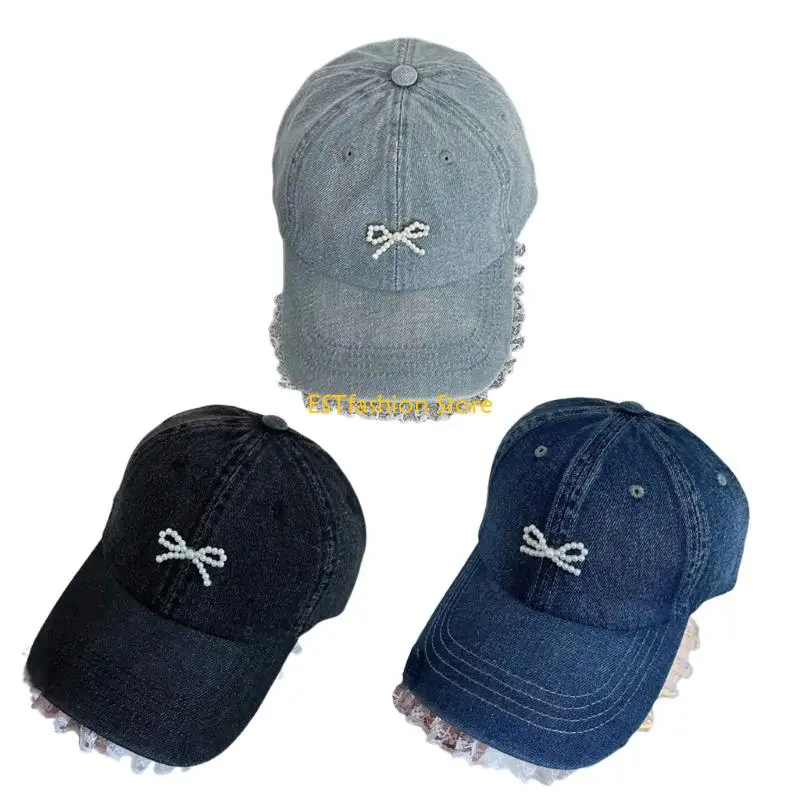 

Y5GC Adjustable 3D Pearls Bowknot Fabric Baseball Caps for Women Teens with Lace Trim and Breathable Design for Daily Wear