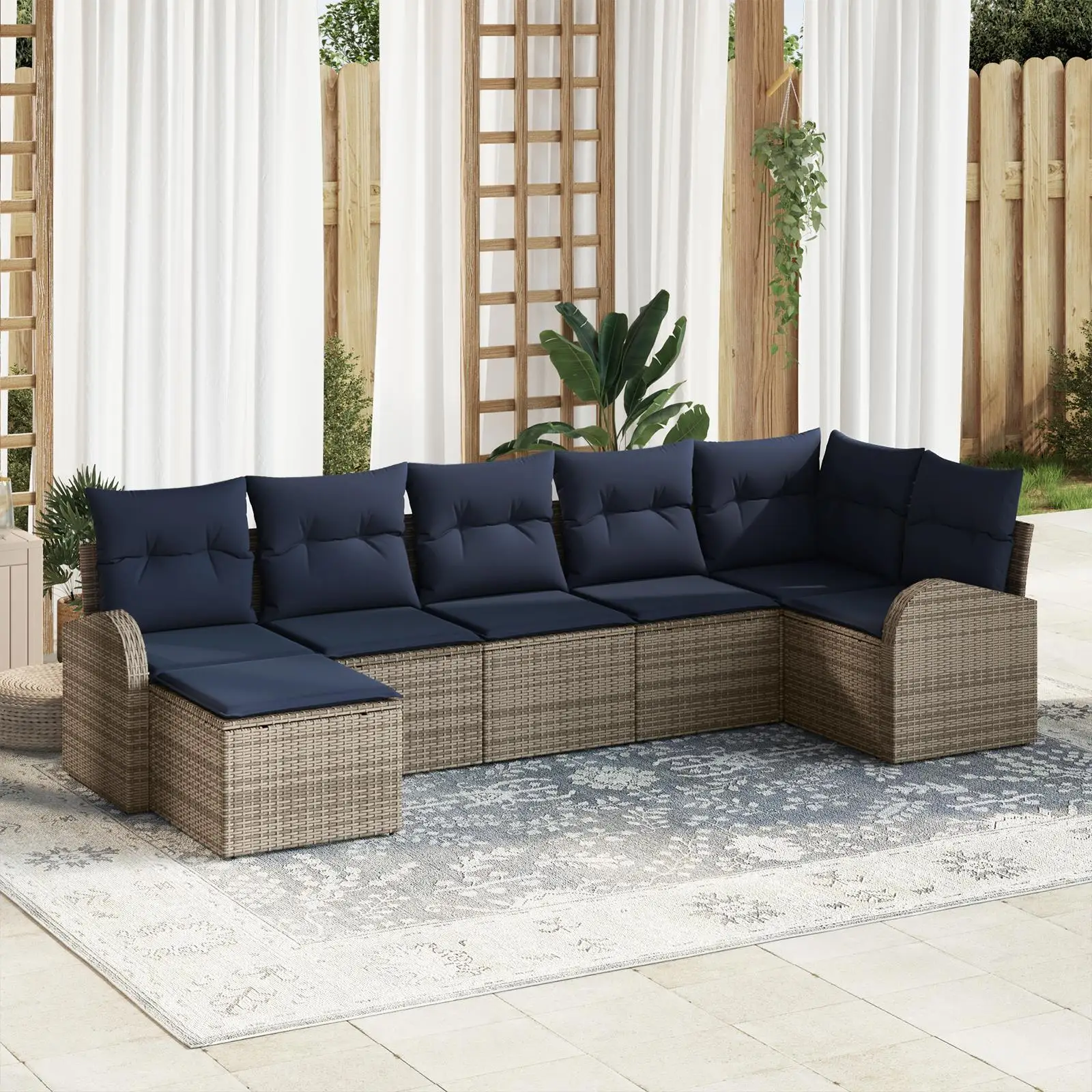

7 Piece Light Gray Poly Rattan Garden Sofa Set with Cushions Outdoor Furniture for Backyard Patio Deck Relaxation