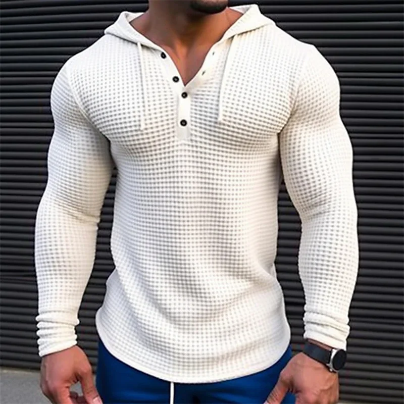 2026 Neuer Herren-Hoodie mit Waffelstruktur, Henley-T-Shirt, Langarm, Einfarbig, Slim Fit, Lässiger Kapuzenpullover für Männer, Alltagsoutfit – Detail 2