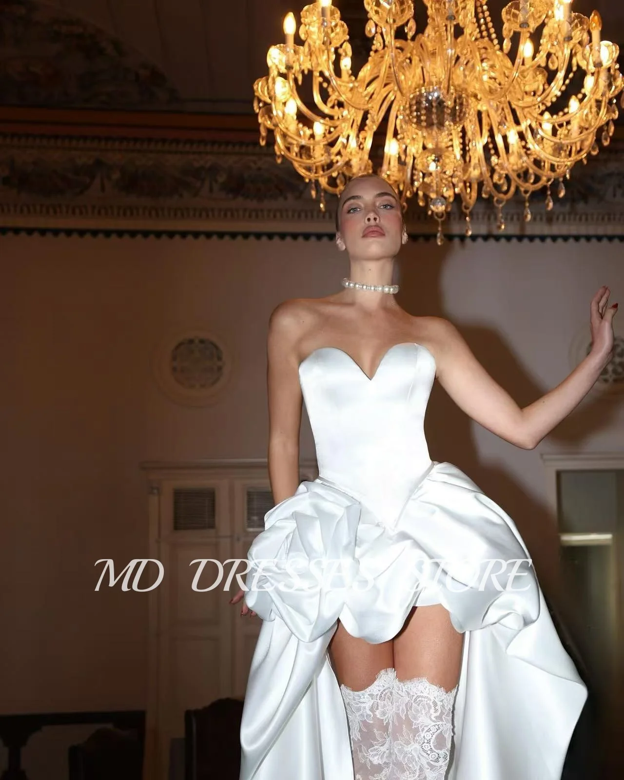 MD-Robe de mariée trapèze blanche élégante, robe à volants, train de balayage, chérie, robe de mariée haute basse, satin sexy, robe 138 personnalisée, 2025