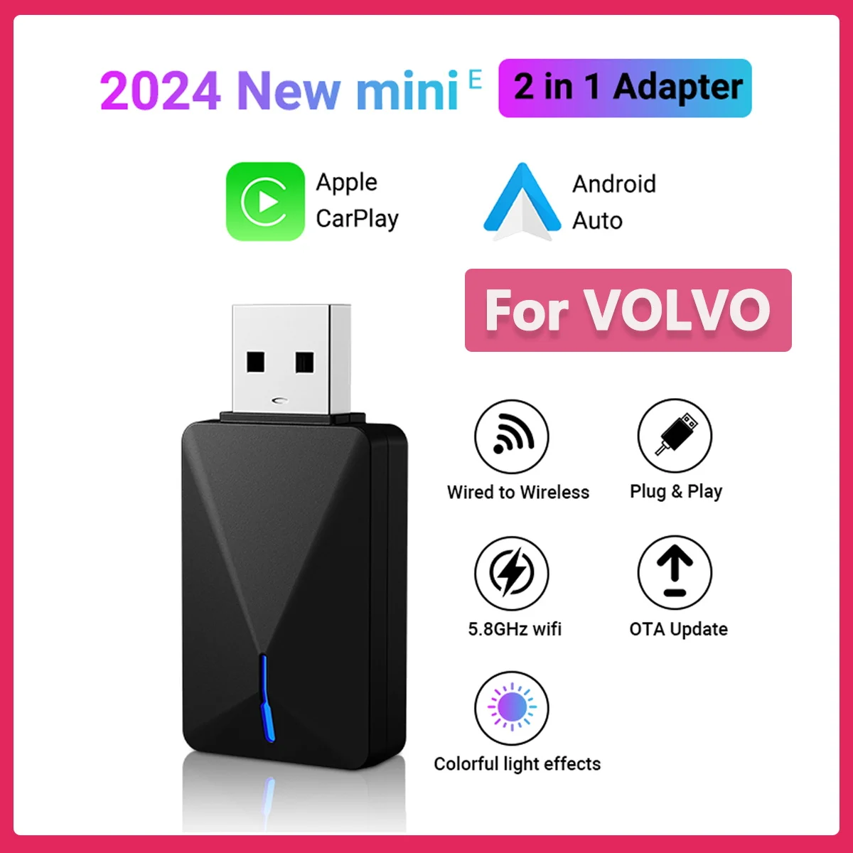 2in1 CarPlay Mini Box Wired To Wireless Android Auto 2024 New Adapter Smart box Bluetooth WiFi Connect Plug&Play For VOLVO