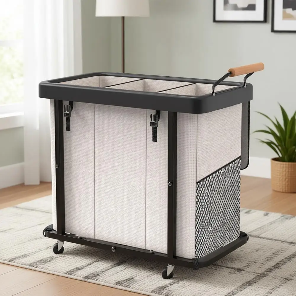 

Extra Large 3-Section Laundry Sorter with Lid, Rolling Hamper, and Metal Frame for Storage in White