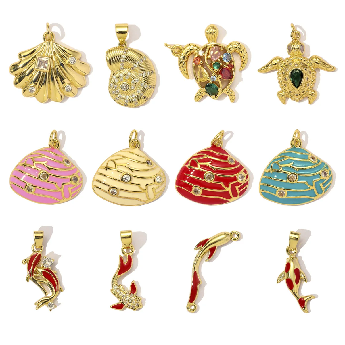 3 teile/los Kubikzircon Glück Karpfen Meeresschildkröte DIY Armband Charms Frauen Kupfer Emaille Shell Conch Fisch Halskette Anhänger Schmuck