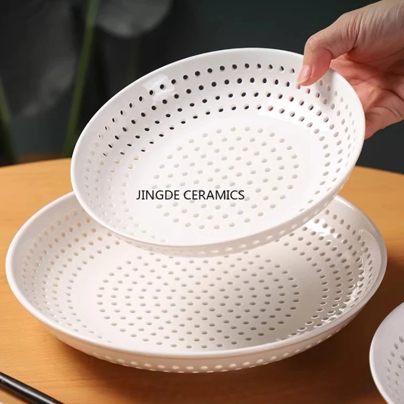 1pc Ceramic Steaming Tray, Hollow Out Drain Pan, Circular Porous Steaming Grid, Steamer Dumpling Plate, Kitchen Tableware
