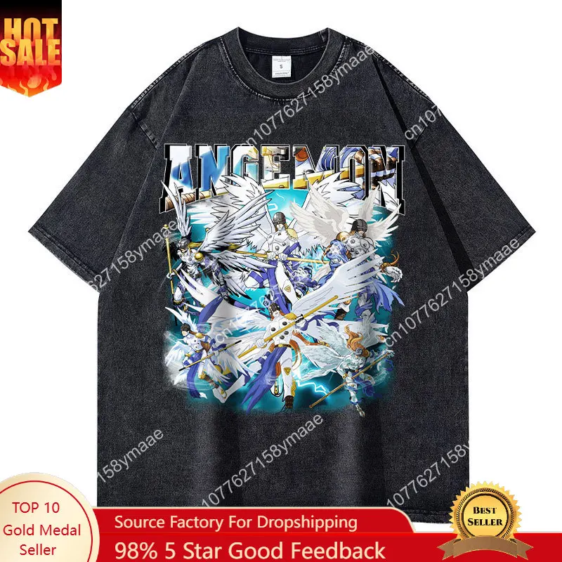 

Angemon T Shirts Vintage Washed Anime Digimon Adventure T-shirt Oversized Streetwear Retro Short Sleeve Angewomon Tops Tees Men